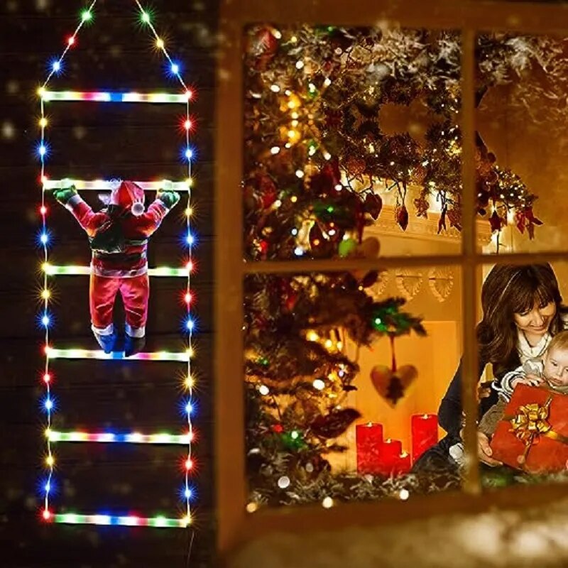 Escada Luz em LED Colorido Decoração de Natal com Papai Noel Pendurado 3M